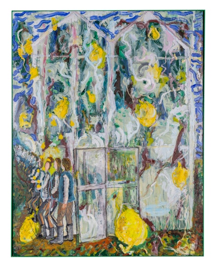 ​​Peter Nadin, <em>Anne and Lemons Leaving the Greenhouse</em>, 2020. Oil on panel, 43 ⅜ x 34 ⅛ in. Photograph by Alon Koppel. Courtesy of the artist and Off Paradise, New York.