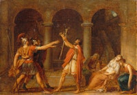 Jacques Louis David, <em>The Oath of the Horatii</em>, 1784–85. Oil over pen and black ink, squared in black chalk, on paper laid down on canvas, 10 3/8 x 14 3/4 inches. Musée du Louvre, Paris. © RMN-Grand Palais / Art Resource, NY. Photo: Michel Urtado.