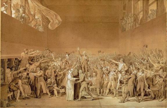 Jacques Louis David, <em>The Oath of the Tennis Court</em>, 1791. Pen and brown ink, pen and black ink, brush and brown wash, heightened with white, over black chalk, with two irregularly shaped fragments of paper affixed to the sheet, 26 x 39 13/16 inches. Musée de Louvre, Paris, on deposit at the Musée National des Châteaux de Versailles et de Trianon. © RMN-Grand Palais / Art Resource, NY. Photo: Gérard Blot.