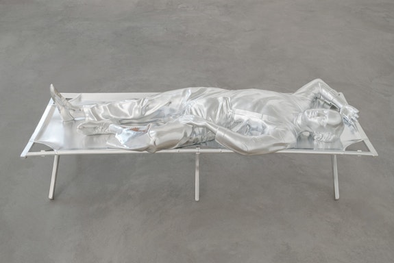Charles Ray, <em>Mime</em>, 2014. Aluminum, 25 1/2 x 77 1/4 x 29 inches. Kunstmuseum Basel. © Charles Ray, Courtesy Matthew Marks Gallery. Photo: Josh White.