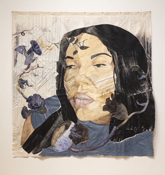 Yashua Klos, <em>Yonna and Towana</em>, 2021. Woodblock print on muslin, acrylic, archival paper, colored pencil, Japanese rice paper, spray paint, and wood, mounted on canvas, 97 x 95 1/2 inches. © Yashua Klos. Photo: John Bentham.