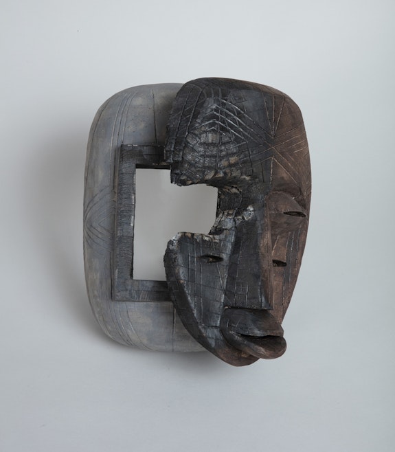 Yashua Klos, <em>Dan Protection Power Welding Mask</em>, 2021. Stained and charred maple 13 1/4 x 10 3/4 x 11 1/8 inches. Courtesy the artist. © Yashua Klos. Photo: John Bentham.