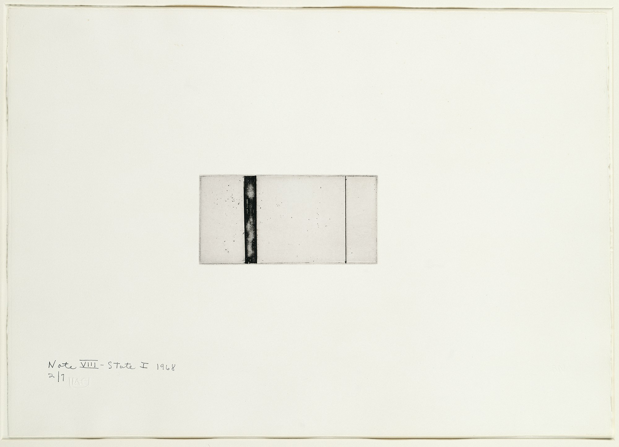 Barnett Newman, <em>Note VIII - state I</em>, 1968. Etching, printed in black on Italia white wove paper, 2 15/16 x 5 15/16 inches. Courtesy Craig F. Starr Gallery. 