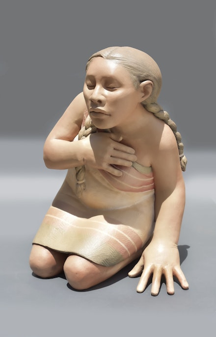 <p>Roxanne Swentzell, <em>Pin-da-getti (Strong Heart)</em>, 2021. Fired clay, 20 inches tall. Private collection.</p>