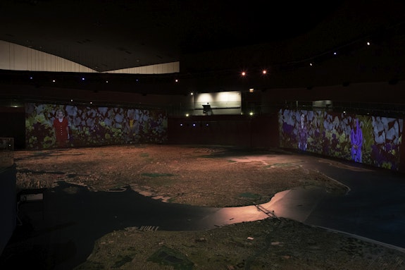 <p>Installation view, Stephanie Dinkins, <em>Secret Garden</em> (2021, site-specifically reconfigured alongside <em>The Panorama of the City of New York</em>, 2022), interactive video installation with three-channel video projection, 7- channel audio, including 6 channels of interactive sound, depth cameras, computers, duration variable. Technical engineer: Sidney San Martín. Courtesy the artist. Courtesy the artist. Photo courtesy of Queens Museum, credit: Hai Zhang.</p>