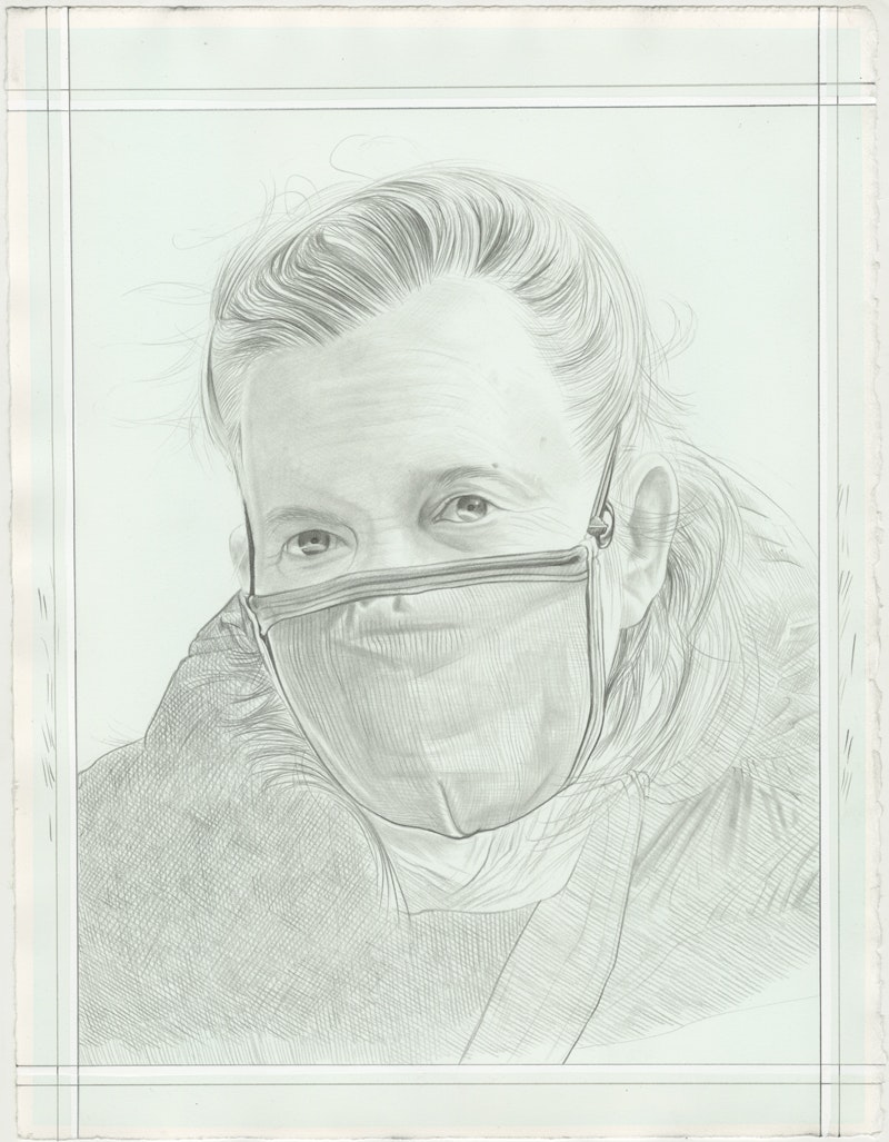 Portrait of Meg Webster. Pencil on paper by Phong H. Bui. Based on a photograph by Robert Banat.