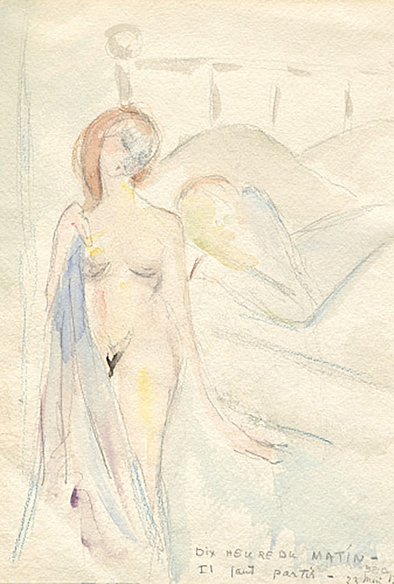 Beatrice Wood, <em>Dix Heure[s] du matin / Il faut partir</em>, 23 Mai 1917. Watercolor and pencil on paper, 29.1 x 20.9 cm (11 7/16 x 8 1/4 inches) National Portrait Gallery, Smithsonian Institution, Washington, D.C.;Museum purchase 2010; gift of the Abraham and Virginia Weiss Charitable Trust,Amy and Marc Meadows, in honor of Wendy Wick Reaves© Estate of Beatrice Wood, Courtesy Beatrice Wood Center for the Arts/Happy Valley Foundation