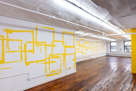 Installation view: <em>Claude Rutault, A Proposal to Peter Nadin, 1979</em>; realized 2022 at Off Paradise. Photo: Guillaume Ziccarelli. Courtesy the artists and Off Paradise, New York.