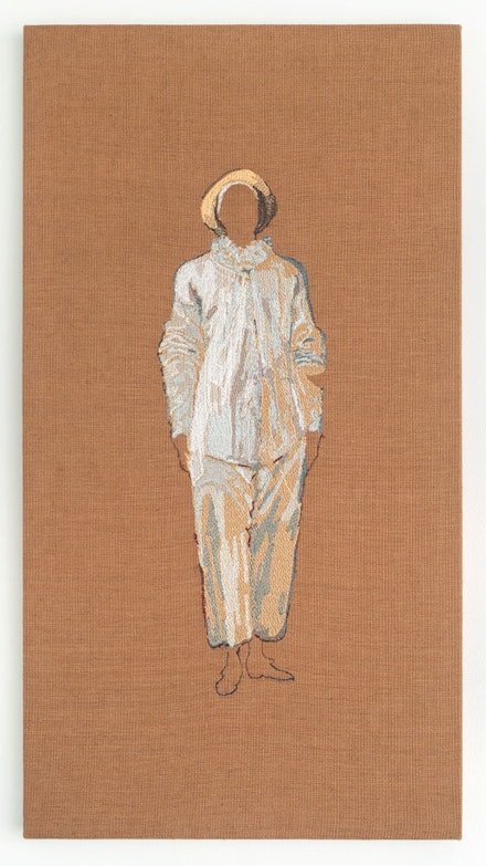 Elaine Reichek, <em>Watteau's Pierrot,</em> 2021. Digital embroidery on linen, 22.75 x 12.25 inches. Edition 1 of 2, with 1 AP. Courtesy the artist and Marinaro Gallery.