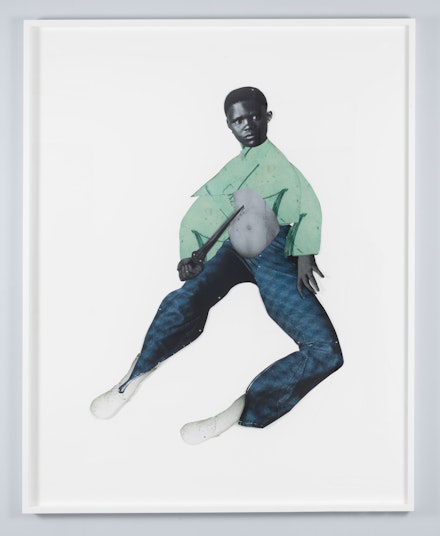 Frida Orupabo, <em>White Shoes</em>, 2022. Collage with paper and pins, 77 1/2 x 60 1/2 x 2 1/2 inches. © Frida Orupabo. Courtesy the artist and Nicola Vassell Gallery. Photo: Adam Reich Photography.