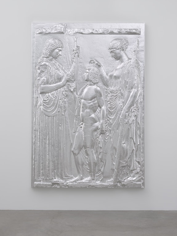 Charles Ray, <em>A copy of Ten Marble Fragments of the Great Eleusinian Relief</em>, 2017. Solid aluminum, 91 1/2 x 63 1/4 x 5 in.( 232 x 161 x 13 cm) Photo: Ron Amstutz. © Charles Ray courtesy. Matthew Marks Gallery.