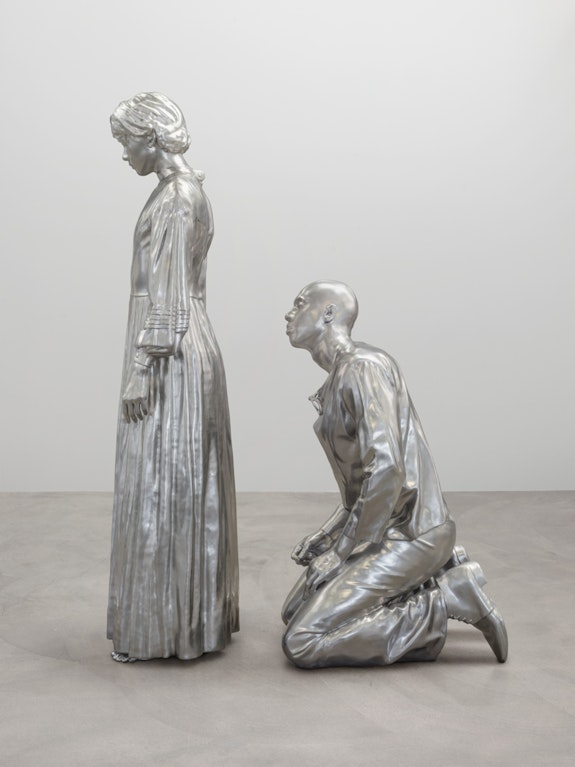 Charles Ray, <em>Sarah Williams</em>, 2021. Stainless steel. 94 1/8 x 31 x 68 1/4 in. (239 x 79 x 173 cm) Photo: Charles Ray Studio. © Charles Ray. Courtesy Matthew Marks Gallery.