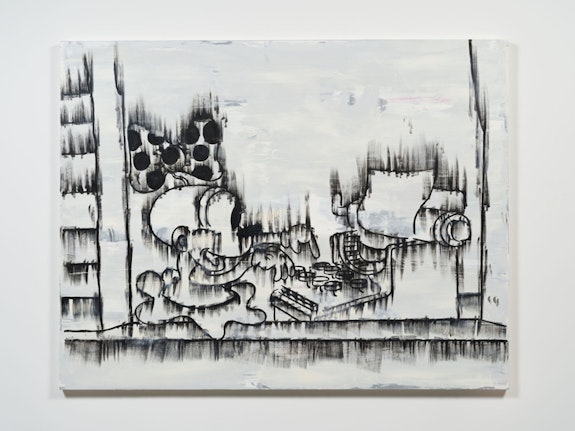 Gary Simmons, <em>Honey Typer</em>, 2021. Oil and cold wax on canvas. 84 x 108 in. (213.4 x 274.3 cm) © Gary Simmons. Photo: Jeff McLane. Courtesy the artist and Hauser & Wirth.