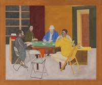 Larry Day, <em>Poker Game</em>, 1970. Oil on canvas, 60 1/2 x 72 1/4 inches. Courtesy the Woodmere Art Museum.