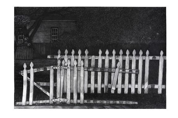 Willie Birch, <em>Broken Dreams (Tattered White Picket Fence)</em>, 2020–21. Charcoal and Acrylic on paper, 60 x 90 inches. ©Willie Birch. Courtesy the artist and Fort Gansevoort, New York.