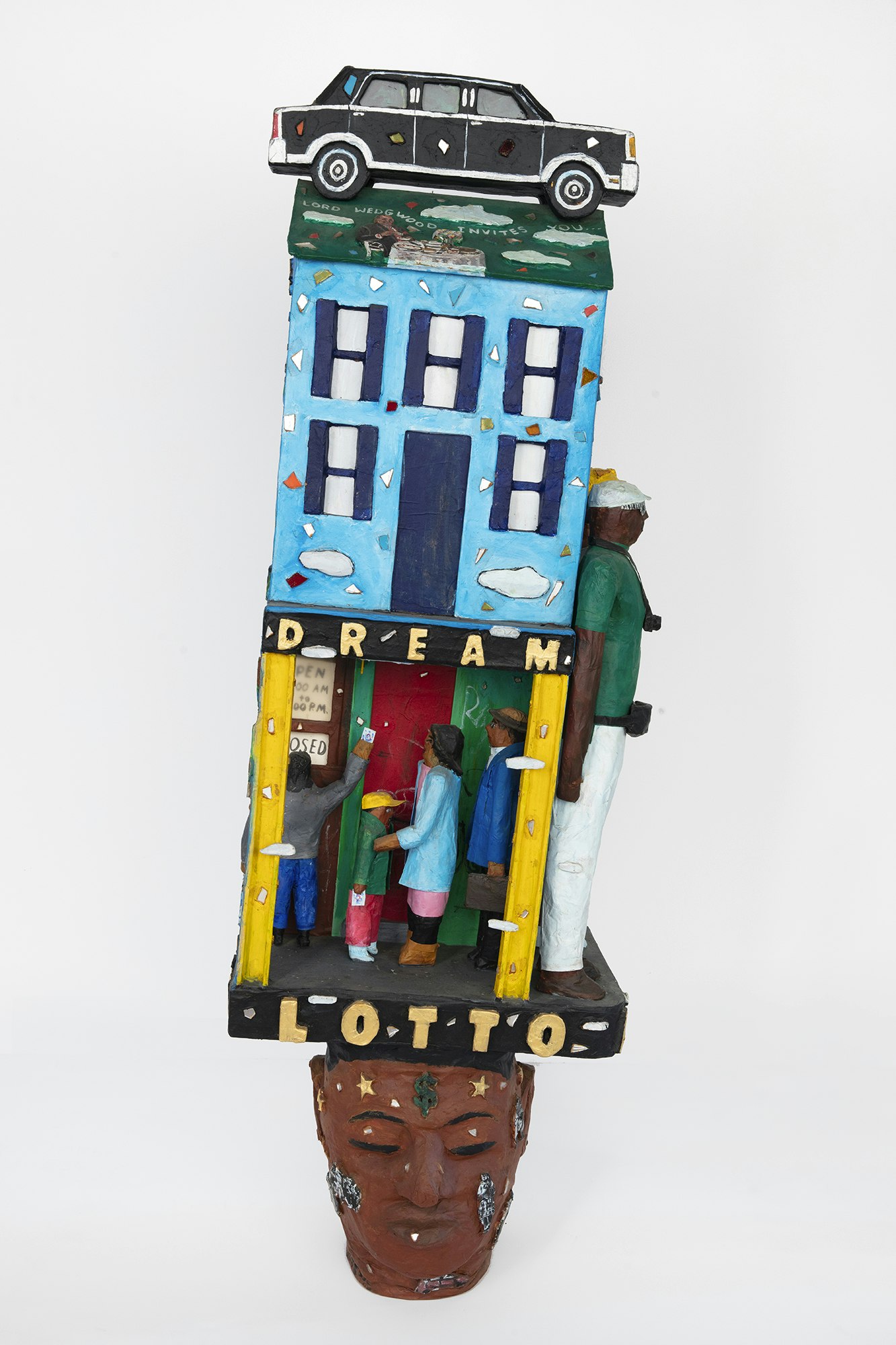 Willie Birch, <em>Lotto Dreams</em>, 1995. Painted papier-mâché and mixed media, 57 x 18 x 15 inches. ©Willie Birch. Courtesy the artist and Fort Gansevoort, New York.