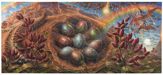 Thomas Woodruff, <em>Nest</em>, 2021. Acrylic on canvas with touches of gold in three parts, overall: 48 x 108 inches. © Thomas Woodruff. Courtesy the artist and Vito Schnabel Gallery. Photo: Argenis Apolinario.