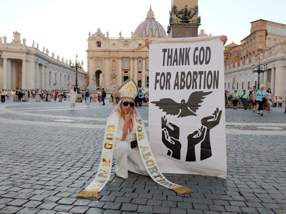 Still from Viva Ruiz’s <em>Thank God for Abortion</em>, the Vatican, 2019.