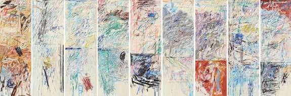 Nancy Graves, <em>Antarci</em>, 1973-75. Oil on nine canvases, 46 x 143 inches overall. Courtesy Locks Gallery, Philadelphia.