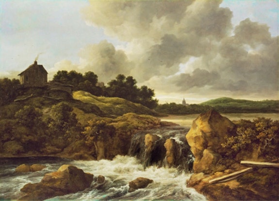 Jacob van Ruisdael, <em>Landscape with a Waterfall</em>, late 1660s/early 1670s. Oil on canvas, 39 7/8 x 56 inches. Wallace Collection, London.