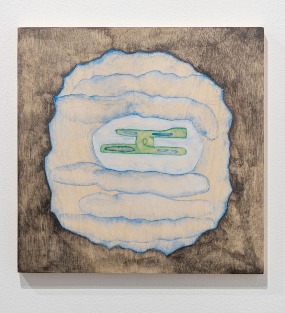 Lucy Mullican, <em>Through The Clouds</em>, 2021. Watercolor on board, 12 x 12 inches. Courtesy Olympia, New York.