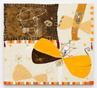 Ouattara Watts, <em>Sigui</em>, 2002. Mixed media and collage on canvas, 107 5/8 x 119 7/8 inches. Courtesy the artist and Karma, New York.