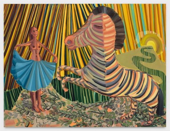Judith Linhares, <em>Walk Against the Wind</em>, 2021. Oil on linen, 51 x 67 inches. Courtesy P.P.O.W., New York.