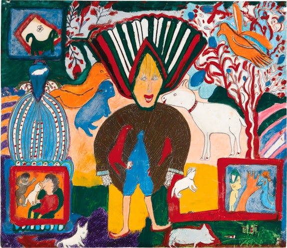Nellie Mae Rowe, <em>Untitled (Atlanta’s Missing Children, Figure with Headdress)</em>, 1981. Crayon, gouache, pen, and pencil on paper, 24 x 28 inches. High Museum of Art. © 2022 Estate of Nellie Mae Rowe/High Museum of Art, Atlanta.