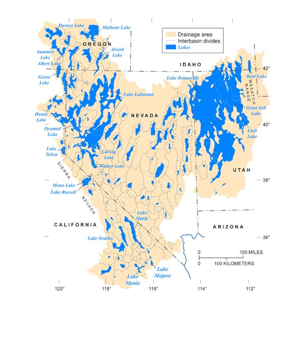 Pleistocene lakes in the Great Basin. J. Havens, U.S.G.S, after R. Morrison, Quaternary Nonglacial Geology (Geo. Soc. America, 1991). CC License: https://creativecommons.org/licenses/by-sa/4.0/deed.en