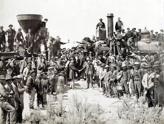 Andrew J. Russell, <em>East & West Shaking Hands at Laying of Last Rail</em> (1869). 