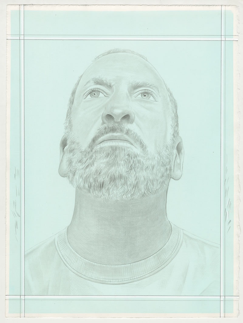 Portrait of Kenny Scharf, pencil on paper by Phong H. Bui. Based on a photo by Robert Banat.