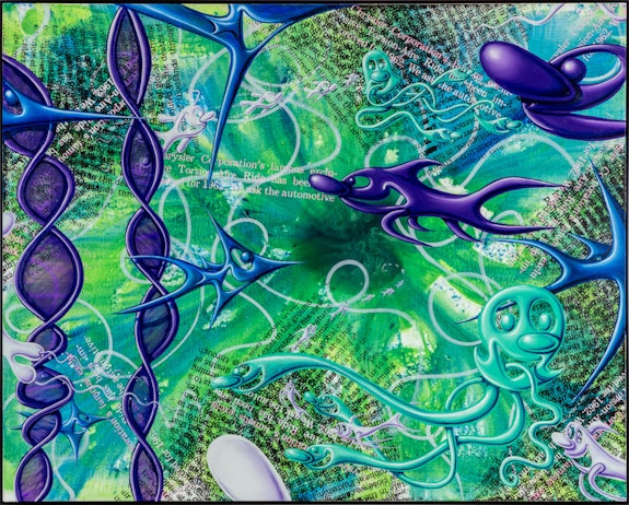 Kenny Scharf, <em>KELP US</em>, 2022. Oil, acrylic, spray paint & silk screen ink on linen with powder coated aluminum frame. 48 × 60 inches. Courtesy of the Artist and TOTAH.