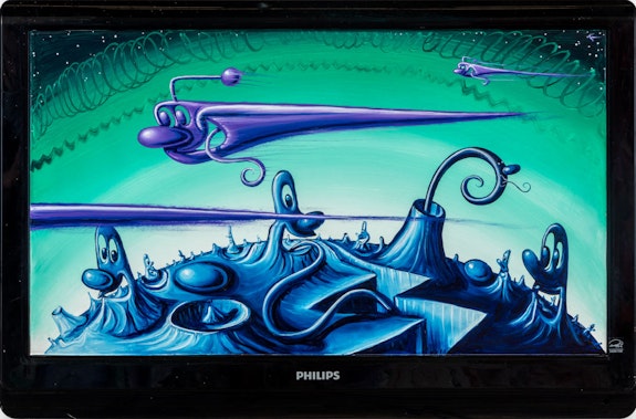 Kenny Scharf,<em> PHILIPS TIME TO GO</em>, 2022. oil on Philips flat screen TV. 20 × 30 × 5 inches. Courtesy of the Artist and TOTAH.