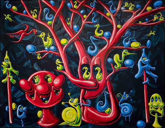 Kenny Scharf,<em> ZPRUNGZ</em>, 2022. Oil & acrylic on linen with powder coated aluminum frame 70 × 90 inches. Courtesy of the Artist and TOTAH.