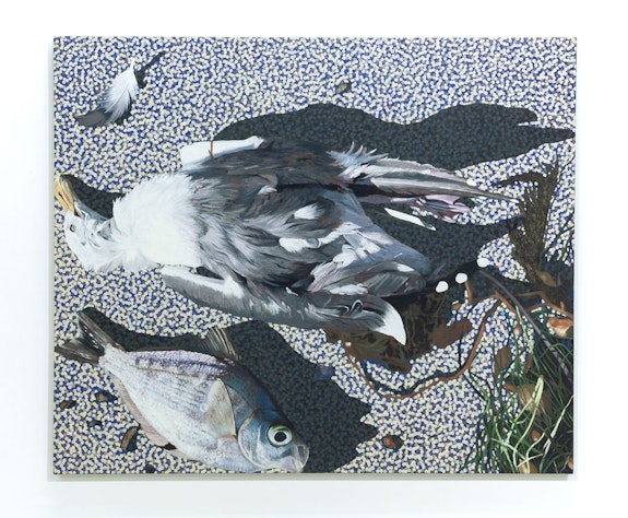 Adam Higgins, <em>dead seagull with live walleye surf perch</em>, 2020, oil on linen on panel, 30 x 36 inches. Courtesy the artist and Tops Gallery, Memphis, Tennessee.