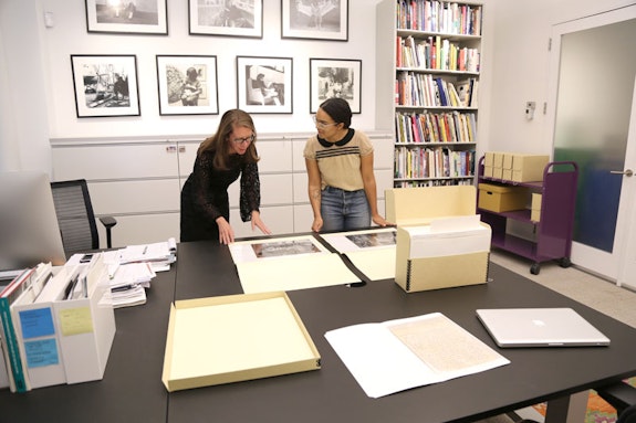 Director of Archives and Research Laura Morris with research intern Sinclair Spratley in the Joan Mitchell Foundation Archives office, New York. Photograph by Melissa Dean.