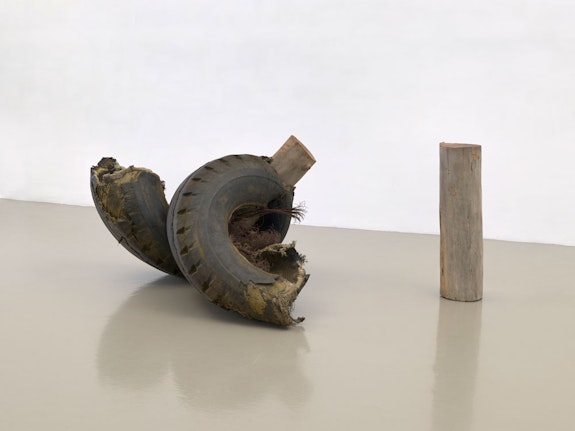 Robert Rauschenberg, <em>Untitled (Venetian)</em>, 1973. Tire tread, wood, and water, 28 x 78 x 55 5/8 inches, variable. © Robert Rauschenberg Foundation. Courtesy the foundation and Gladstone Gallery. Photo: Ron Amstutz.