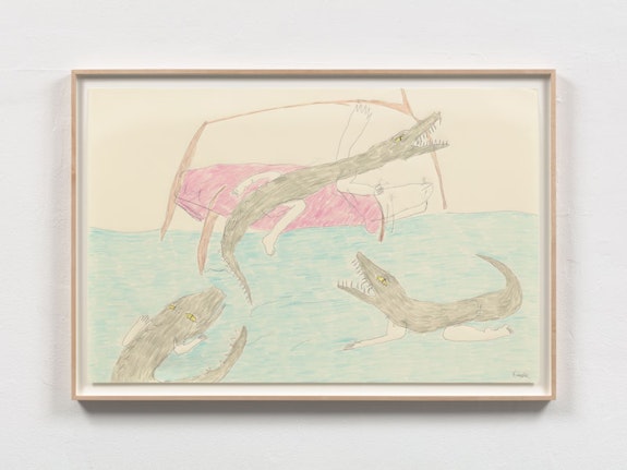 Emilie Louise Gossiaux, <em>Alligatorgirl Riot no.2</em>, 2022. Ballpoint pen and crayon on paper. 23 x 35 in. Courtesy MOTHER.