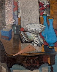 Marguerite Louppe, <em>Compotier et vases bleus</em>, n.d. Oil on canvas, 35.75 x 28.38 inches. Courtesy Rosenberg & Co.