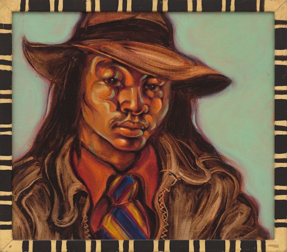 Martin Wong, <em>Untitled (Self-portrait)</em>, ca. 1974-75. Acrylic on canvas with hand painted frame, 38 x 44 x 2 cm. Courtesy The Martin Wong Foundation; Galerie Buchholz, Berlin; and P·P·O·W, New York