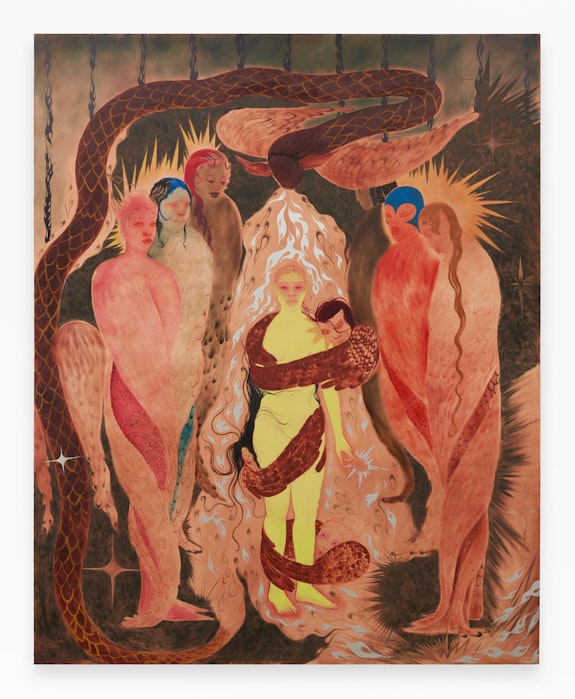 Naudline Pierre, <em>Chrysalis at the Altar of Change</em>, 2022. Oil, enamel, and oil stick on canvas, 120 x 96 inches. Courtesy the artist and James Cohan, New York. Photo: Izzy Leung.