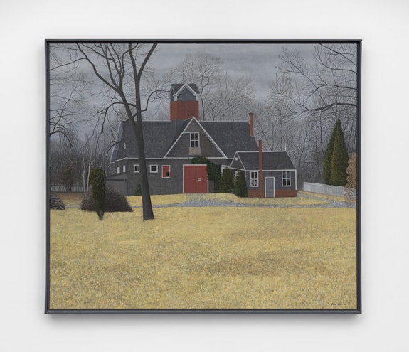 Scott Kahn, <em>The Barn</em>, 1982. Oil on linen, 32 x 27 x 1 inches (unframed), 33 x 38 1/8 x 1 1/2 inches (framed). Courtesy the artist and Almine Rech.