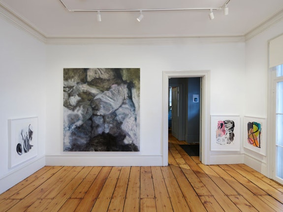 Installation view, with <em>The Bed </em>(2014) of Liliane Tomasko, to the left of the door. Oil on linen, 76 by 70 inches. Courtesy of the artist and Edward Hopper House Museum & Study Center.