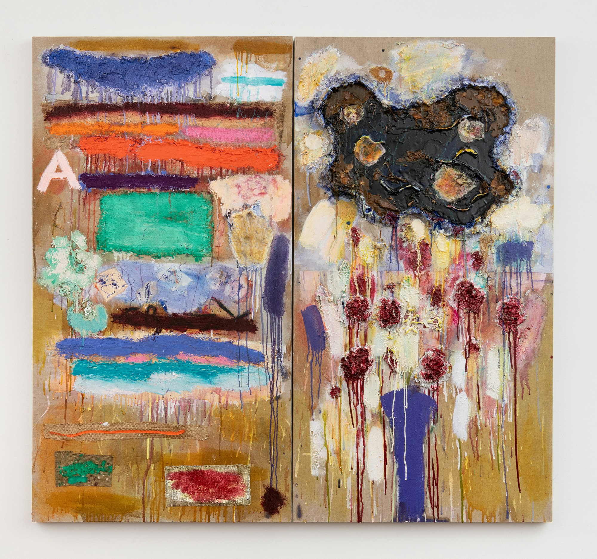 Joan Snyder, <em>Duet in Three Parts</em>, 2021. Oil, acrylic, ink, paper mache, burlap, paper, twigs, leaves on linen in two parts, overall: 60 x 64 inches. Courtesy Franklin Parrasch Gallery.