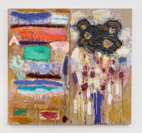 Joan Snyder, <em>Duet in Three Parts</em>, 2021. Oil, acrylic, ink, paper mache, burlap, paper, twigs, leaves on linen in two parts, overall: 60 x 64 inches. Courtesy Franklin Parrasch Gallery.