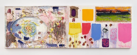 Joan Snyder, <em>Ode to Monet</em>, 2021. Oil, acrylic, paper mache, burlap, dried flowers, flower stems, paper, wooden hoop on canvas in two parts, overall: 32 x 96 inches. Courtesy Franklin Parrasch Gallery.