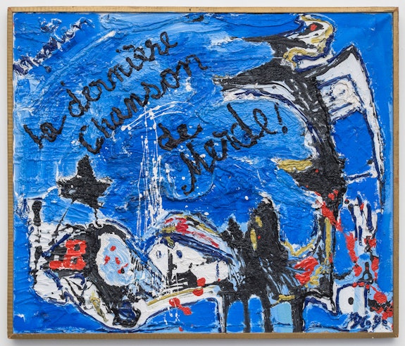 J.V. Martin, <em>The Longest Day/ La Dernière chanson de merde (The Last Shitty Song)</em>, 1964. Oil on canvas, 23 ½ x 27 ¼ inches. Courtesy Tif Sigfrids Gallery. 