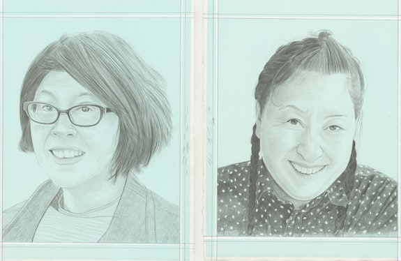 Left: Portrait of Susette Min, pencil on paper by Phong H. Bui<br>Right: Portrait of Amy Sadao, pencil on paper by Phong H. Bui