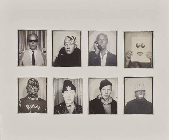 Ray Johnson, <em>Untitled (Eight photo booth self-portraits)</em>, n.d. Gelatin silver prints on whiteboard sheet, 8 × 9 1/2 inches. Courtesy the Ray Johnson Estate.