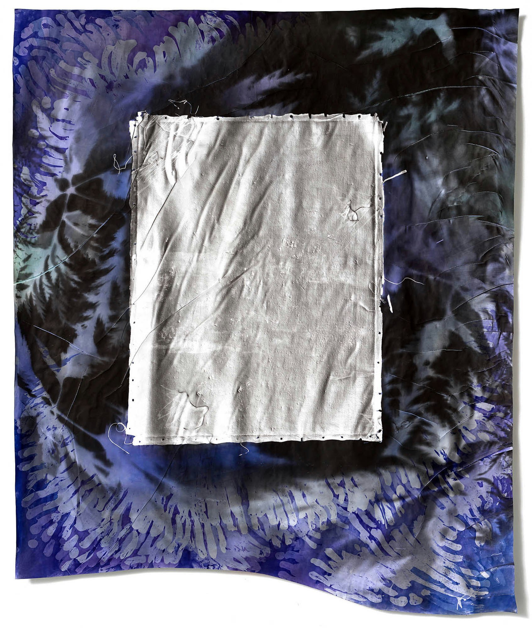 Klea McKenna, <em>Blue Mirror</em>, 2021. Photographic relief: unique gelatin silver photogram, embossed impression of a vintage oil painting, fabric dye, 50 x 41 inches. Courtesy EUQINOM Gallery.